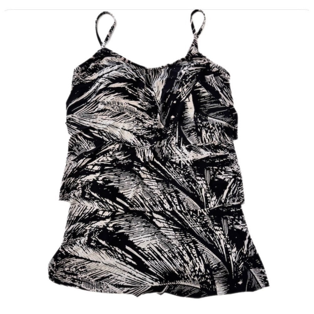 Jamaica Bay Tiered Tankini  18W Swimsuit Women Black‎ White Palm Print One Piece